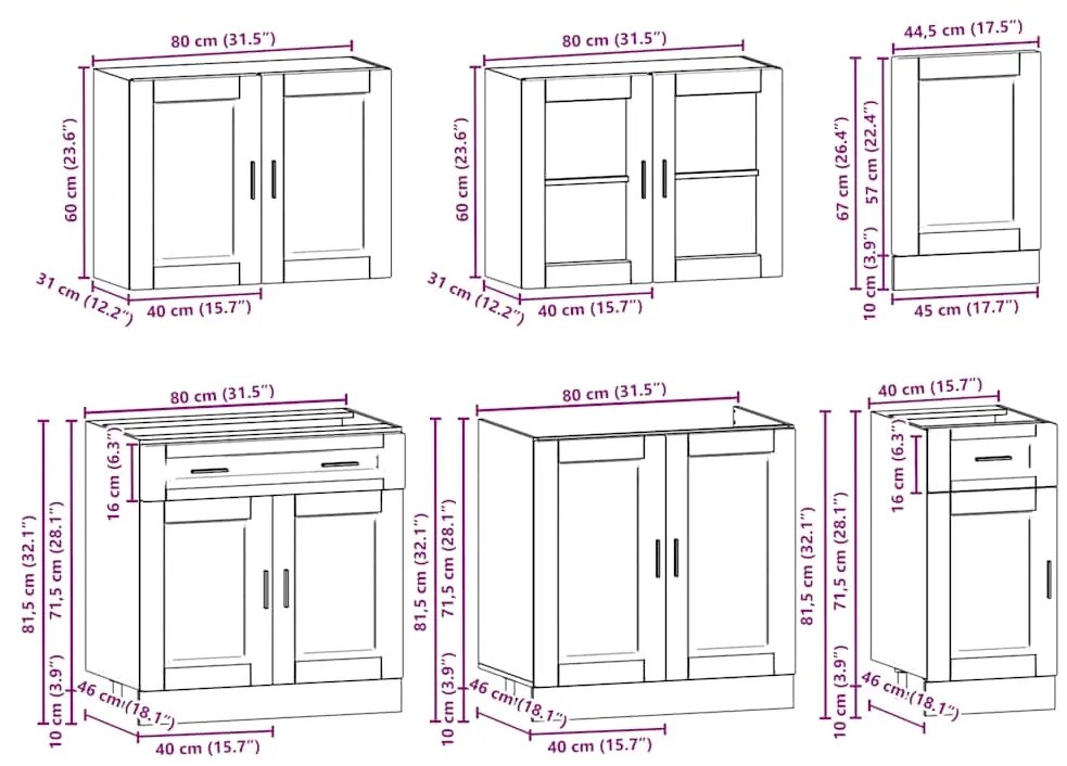 7 peças armário de cozinha conjunto Kalmar preto