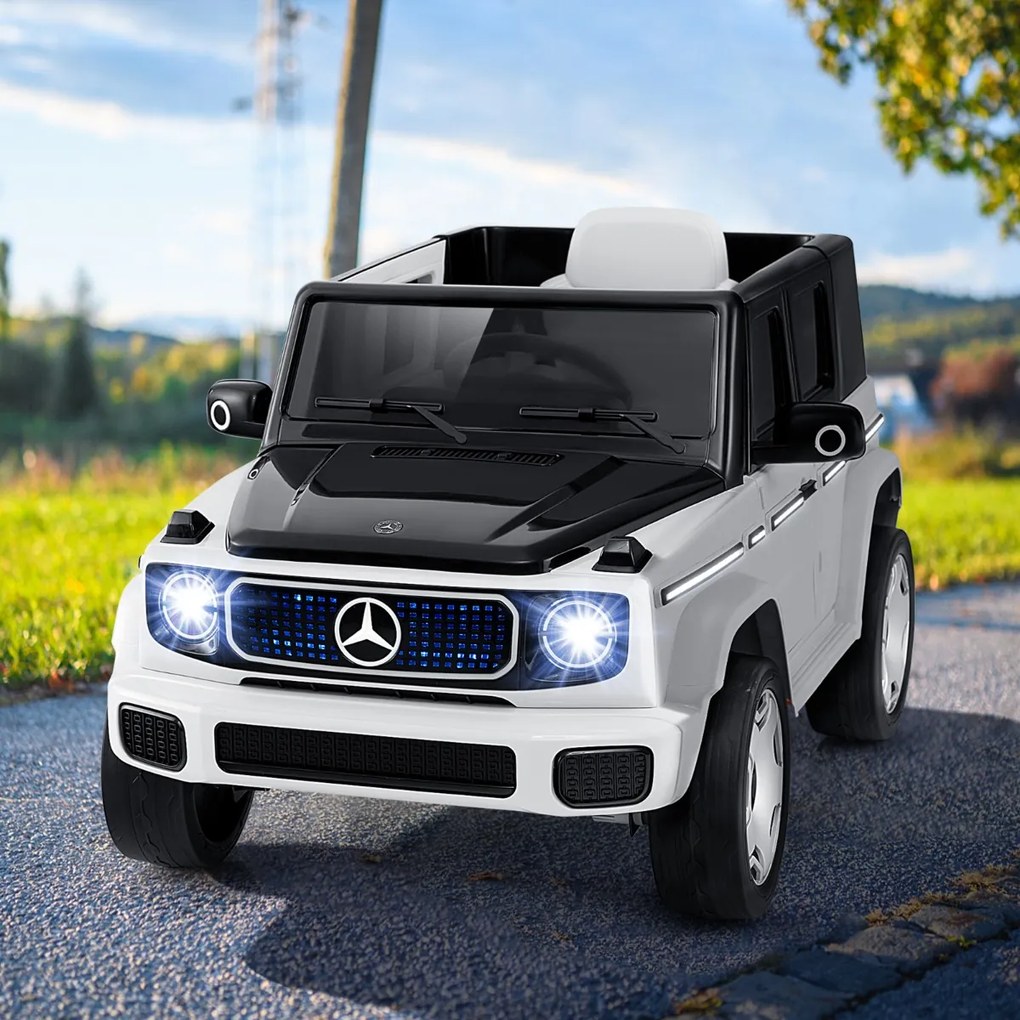 Carro elétrico para crianças com licença Mercedes-Benz 4WD 12V com controlo remoto Luzes LED Música Buzina Branco