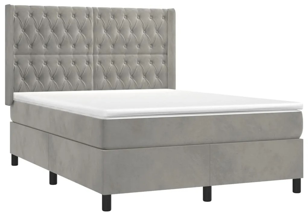 Cama box spring c/ colchão/LED 140x190 cm veludo cinzento