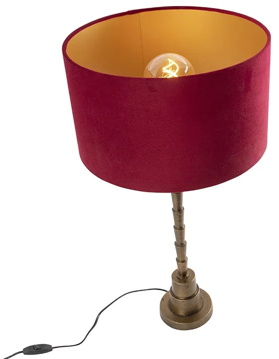 Candeeiro de mesa Art Deco bronze com abajur de veludo vermelho 35 cm - Pisos Art Deco