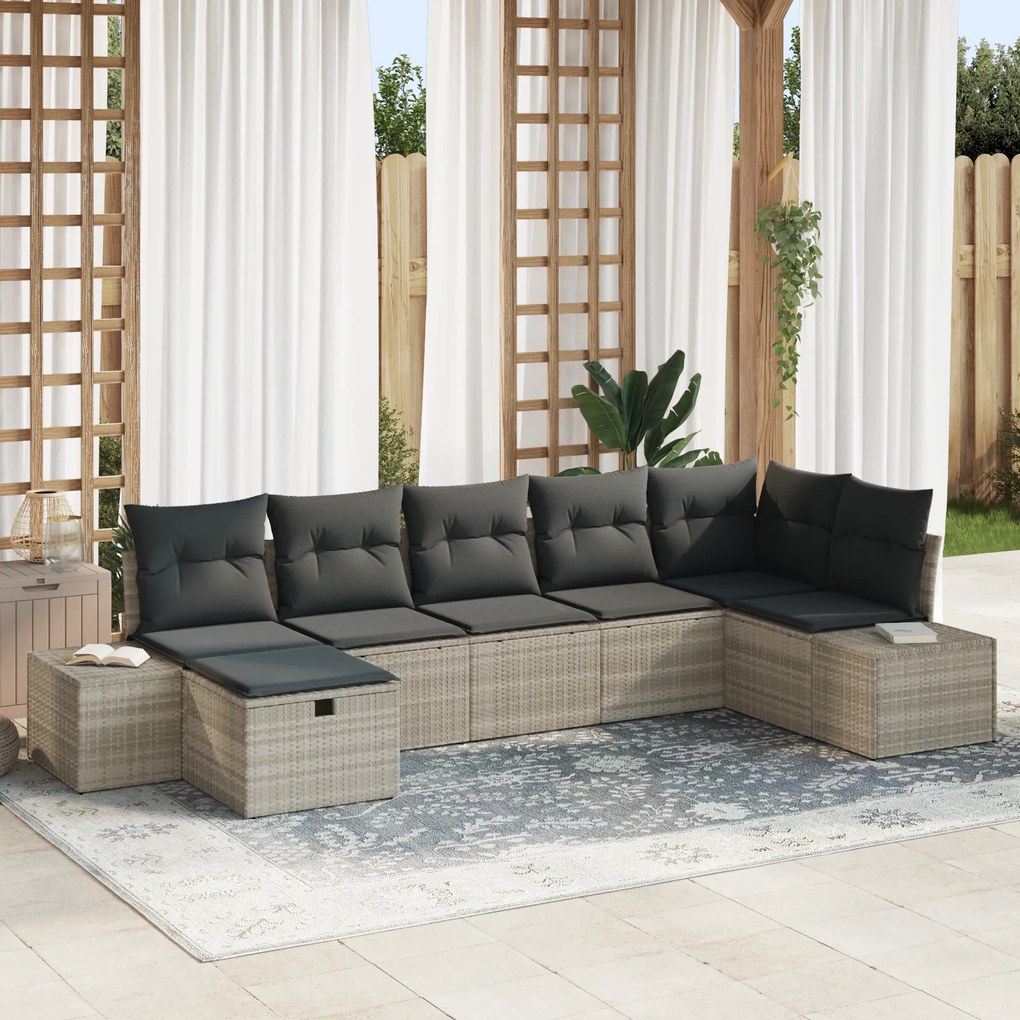 Conjunto de Sofá de Jardim de 7 Peças com Almofadas Cinza Claro Vime P
