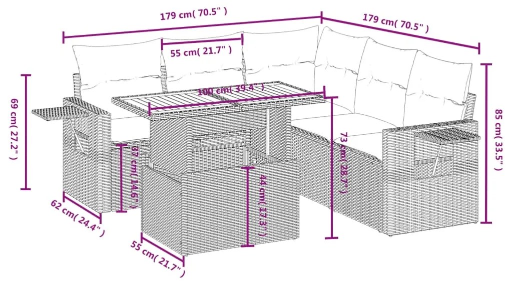 6 pcs conjunto sofás de jardim c/ almofadões vime PE preto