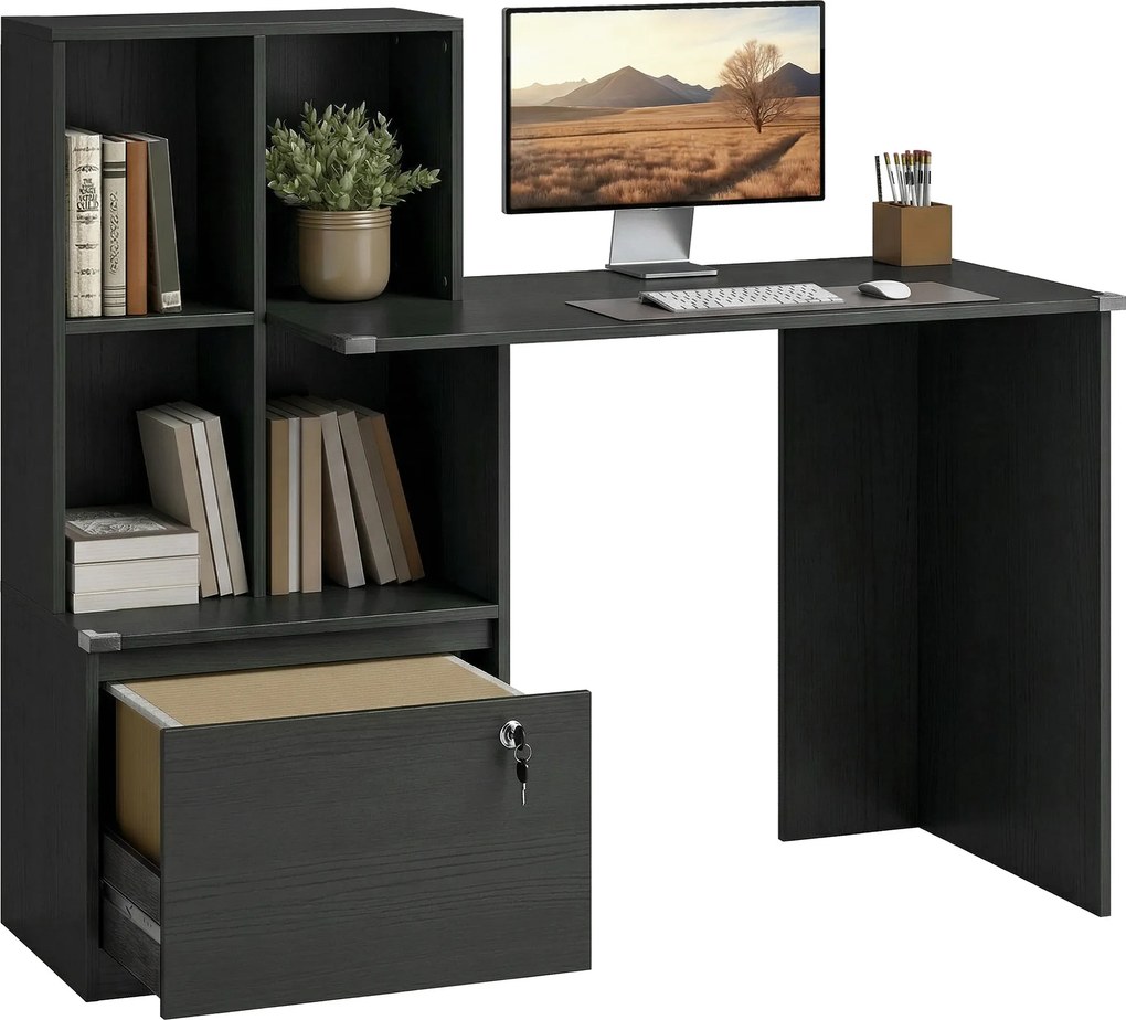 Secretária de computador 126 x 50 x 109 cm com estante de 4 compartimentos e gaveta com fechadura, preta