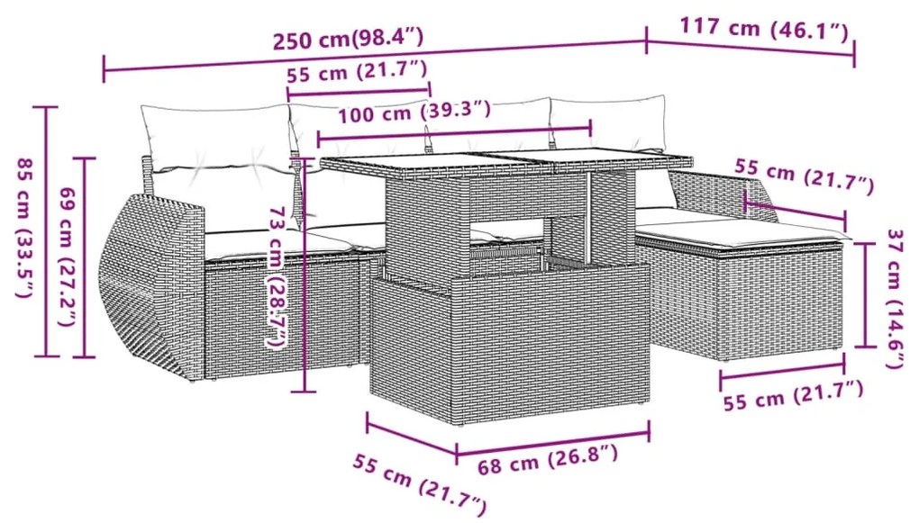6 pcs conjunto sofás de jardim com almofadões vime cinzento