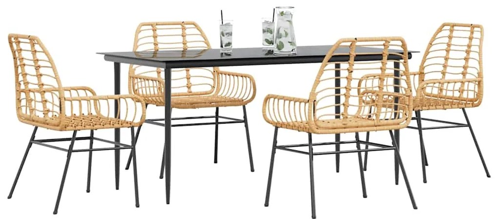 Conjunto jantar jardim 5 peças vidro vime PE castanho