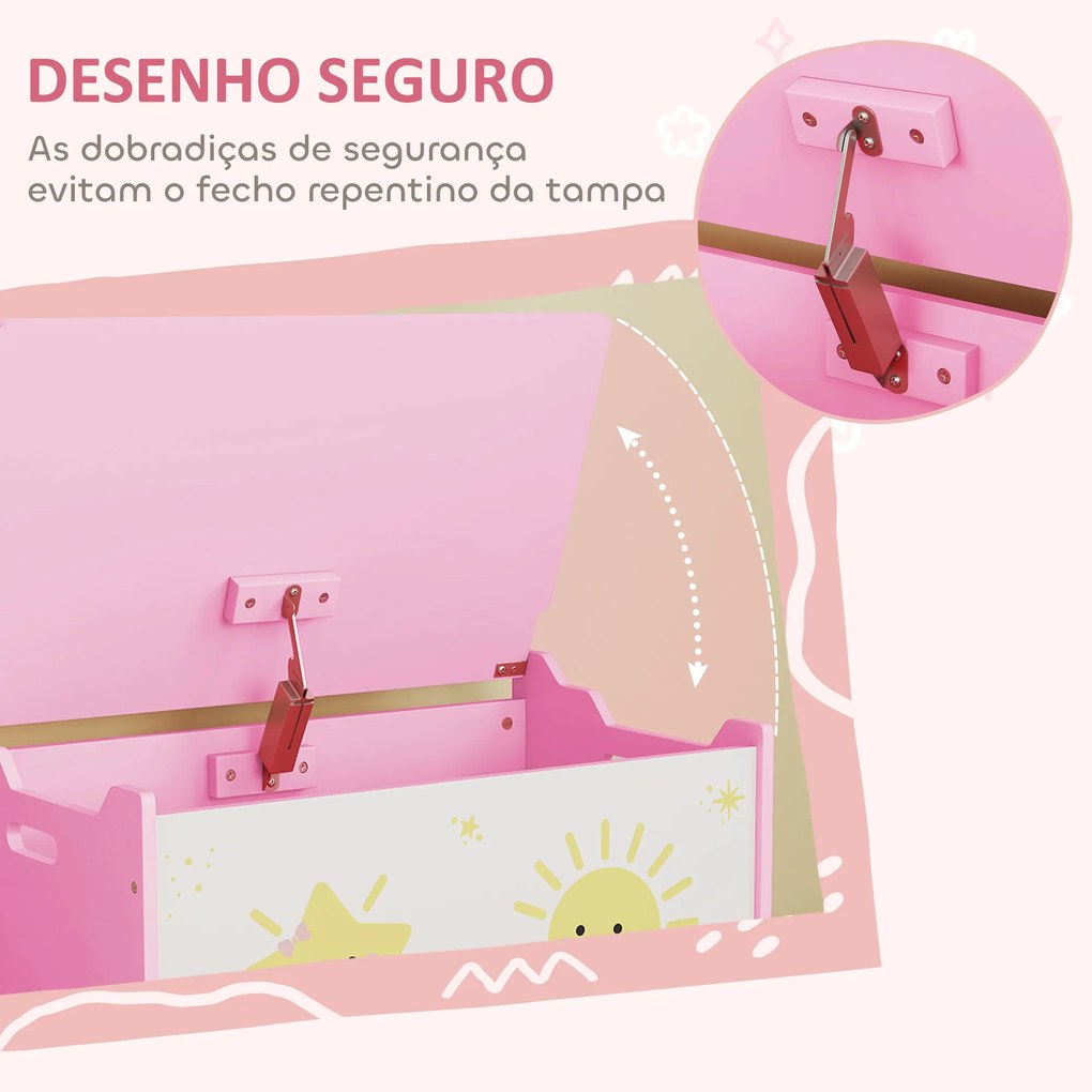 Baú Brinquedos Infantil 53 L Caixa de Arrumação Brinquedos com Tampa Rebatível e Pistão a Gás 60x37x39 cm Rosa