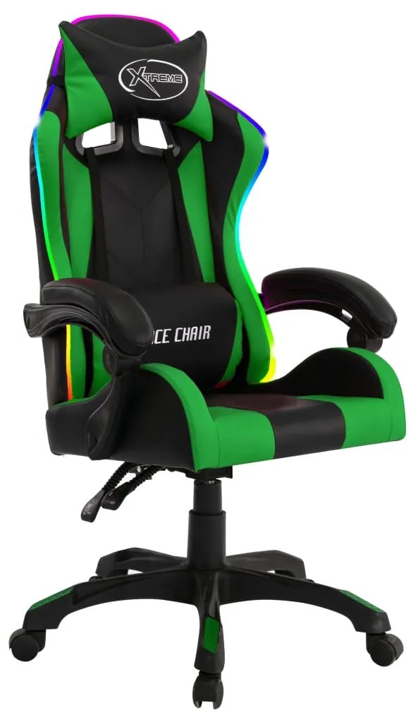 Cadeira estilo corrida luzes LED RGB couro artif. verde/preto