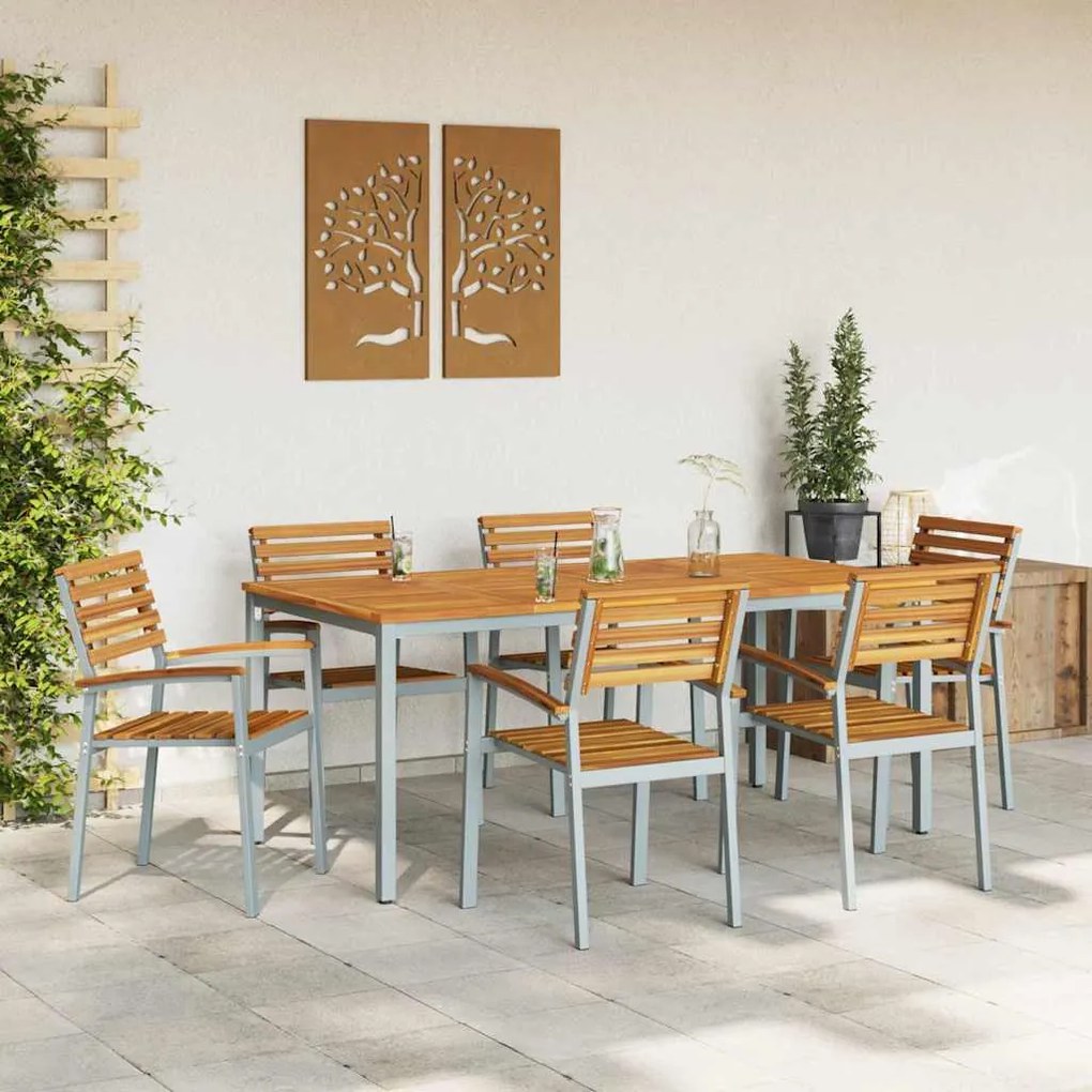 Conjunto de Jantar de Jardim 7 Peças em Madeira Sólida de Acácia e Met