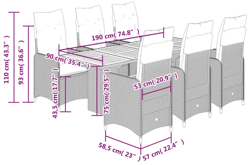 7 pcs conjunto bistrô de jardim c/ almofadões vime PE cinza