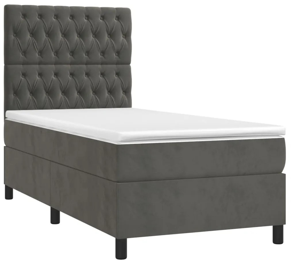 Cama box spring c/ colchão/LED 100x200cm veludo cinzento-escuro