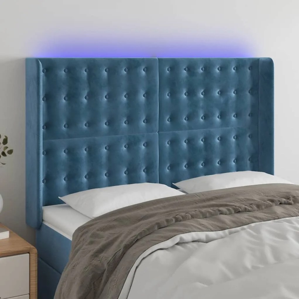 Cabeceira cama c/ luzes LED veludo 147x16x118/128cm azul-escuro