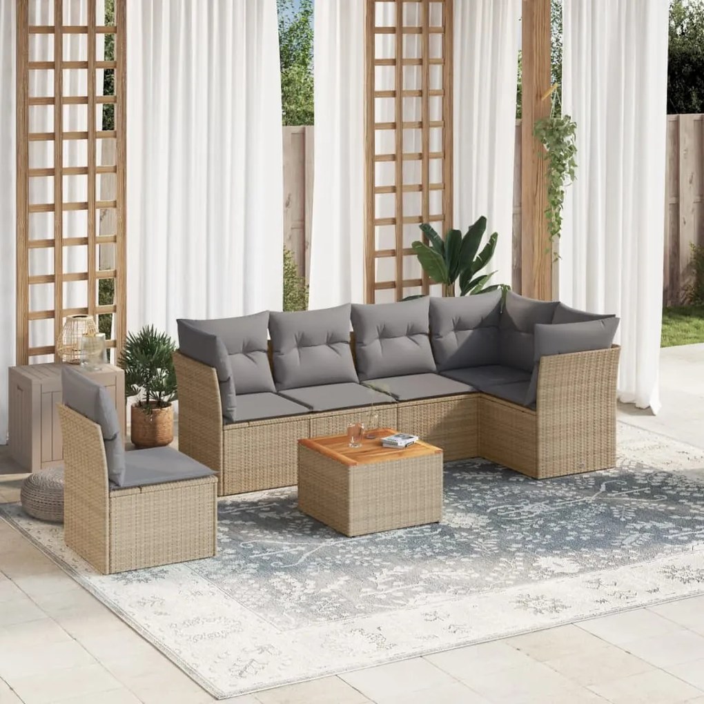 7 pcs conjunto de sofás p/ jardim com almofadões vime PE bege