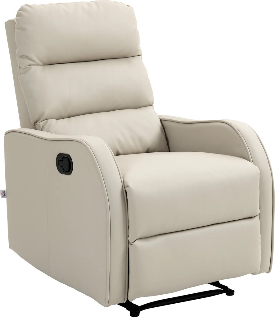 Poltrona Relax Reclinável Manual Revestida em PU com Apoio de Pés Retrátil Reclinável até 160º  65x89x100 cm Creme