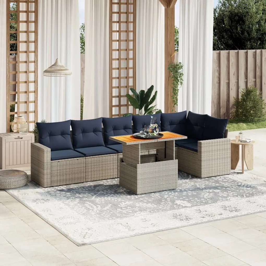 vidaXL 7 pcs conjunto sofás p/ jardim c/ almofadões vime PE cinzento