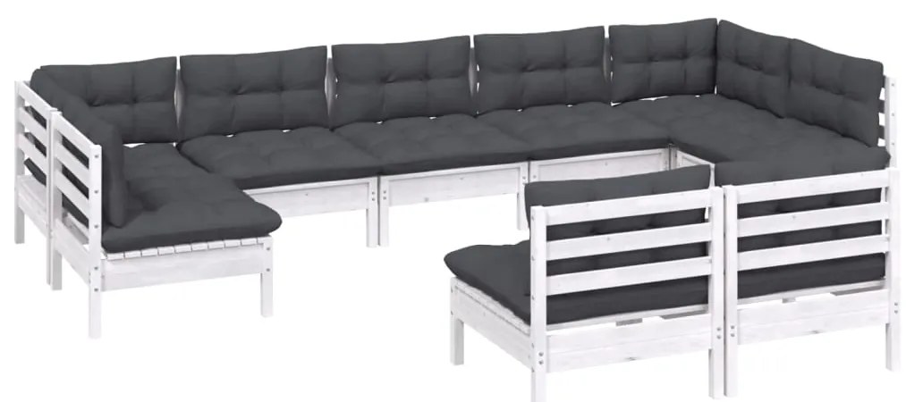 9 pcs conj. lounge de jardim c/ almofadões pinho maciço branco