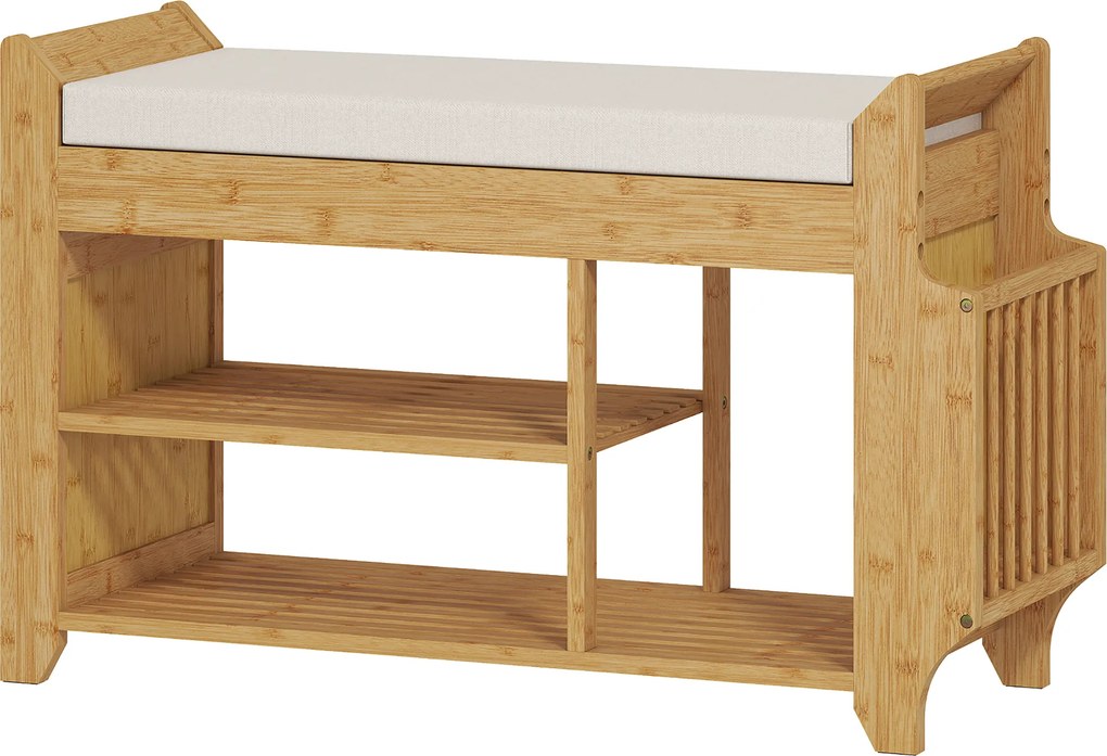 HOMCOM Banco Sapateira com Assento Acolchoado Arrumação Lateral Prateleira para Botas Estrutura de Bambu 80x30x50 cm Madeira e Bege | Aosom Portugal