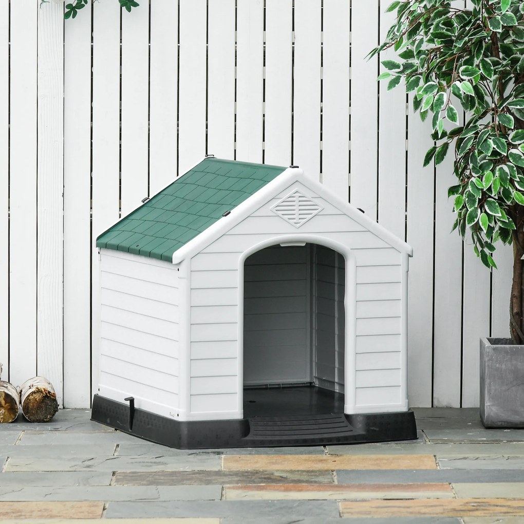 PawHut Casota de Cães Medianos com Porta Metálica Fechadura Teto Inclinado e Base Elevada para Interior e Exterior 78x87x81cm Branco e Verde