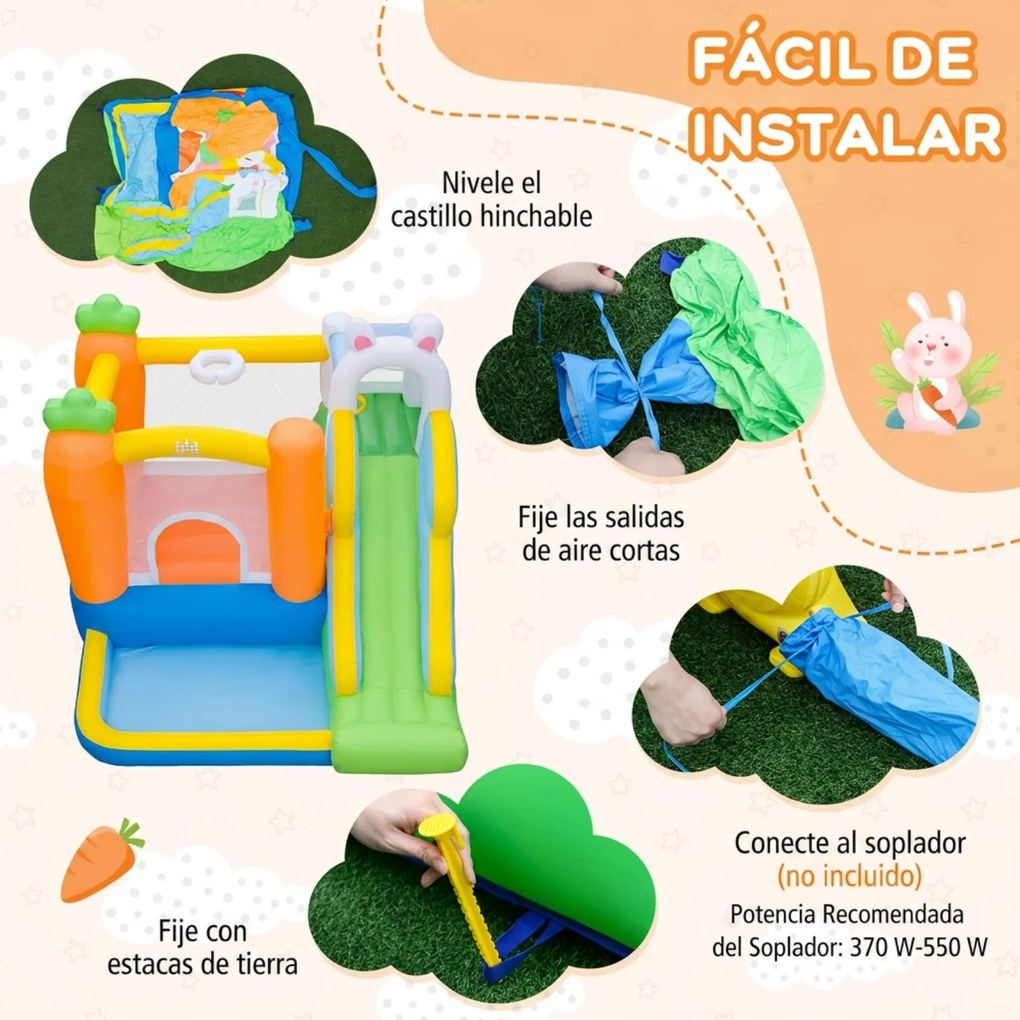 Castelo insuflável infantil com tema de coelho (SOPRADOR NÃO INCLUIDO), escorrega, piscina de bolas, parede de escalada e saco de transporte para cria