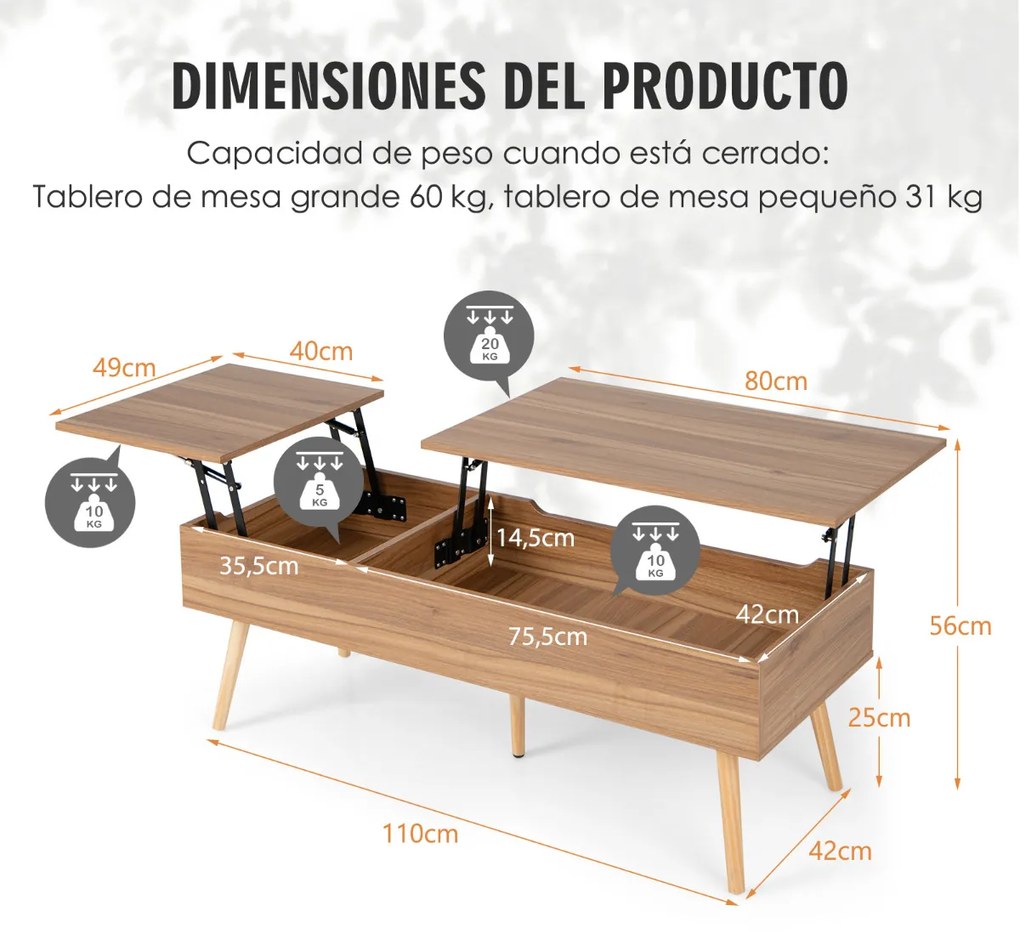 Mesa de centro elevável com barras pneumáticas de arrumação 2 compartimentos ocultos Mesa de apoio para sala de estar 120 x 49 x 42 cm Castanho