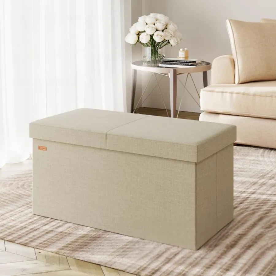 Banco dobrável com tampa articulada e espaço de arrumação 76 x 38 x 38 cm Bege