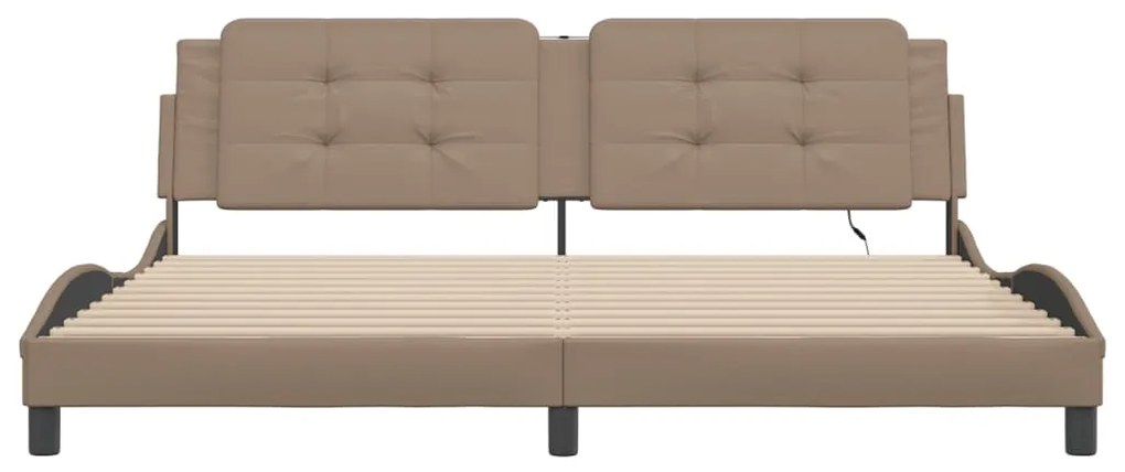 Estrutura cama c/ luzes LED 200x200 cm couro artif. cappuccino