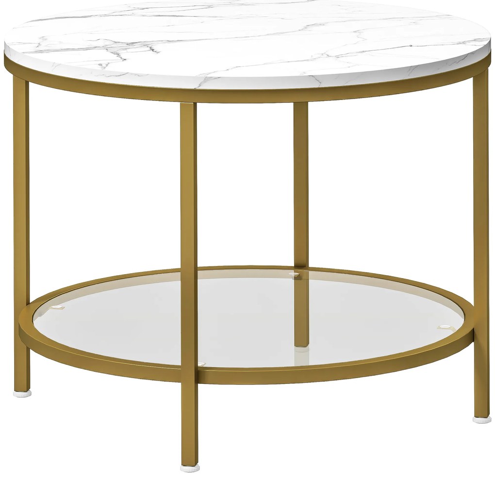 HOMCOM Mesa de Centro Redonda Moderna de 2 Níveis com Tampo de Mármore e Prateleira de Vidro Temperado Ø 60x45 cm Branco e Dourado | Aosom Portugal