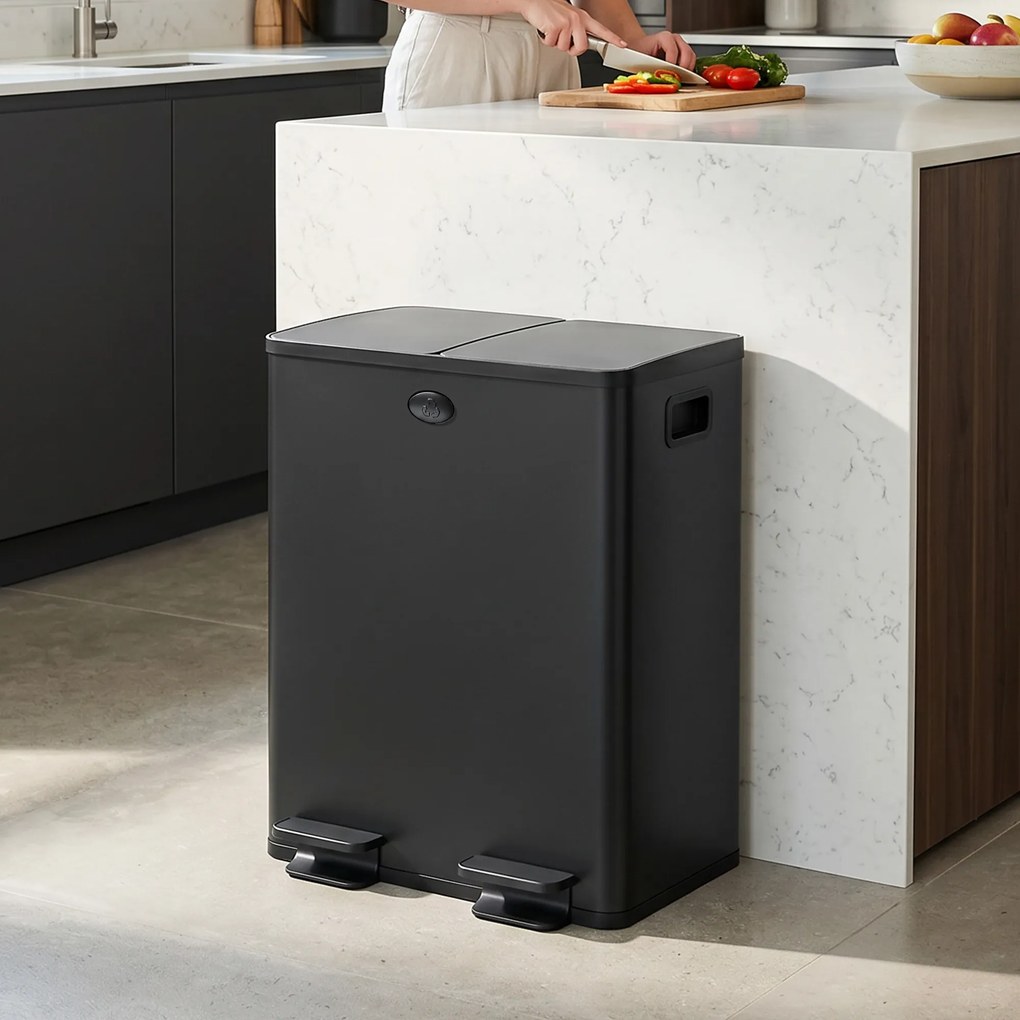 Caixote Lixo de Cozinha em Aço Inoxidável com 2 Compartimentos 2x20L Pedal, Tampas de Fecho Suave e Balde Removível Preto