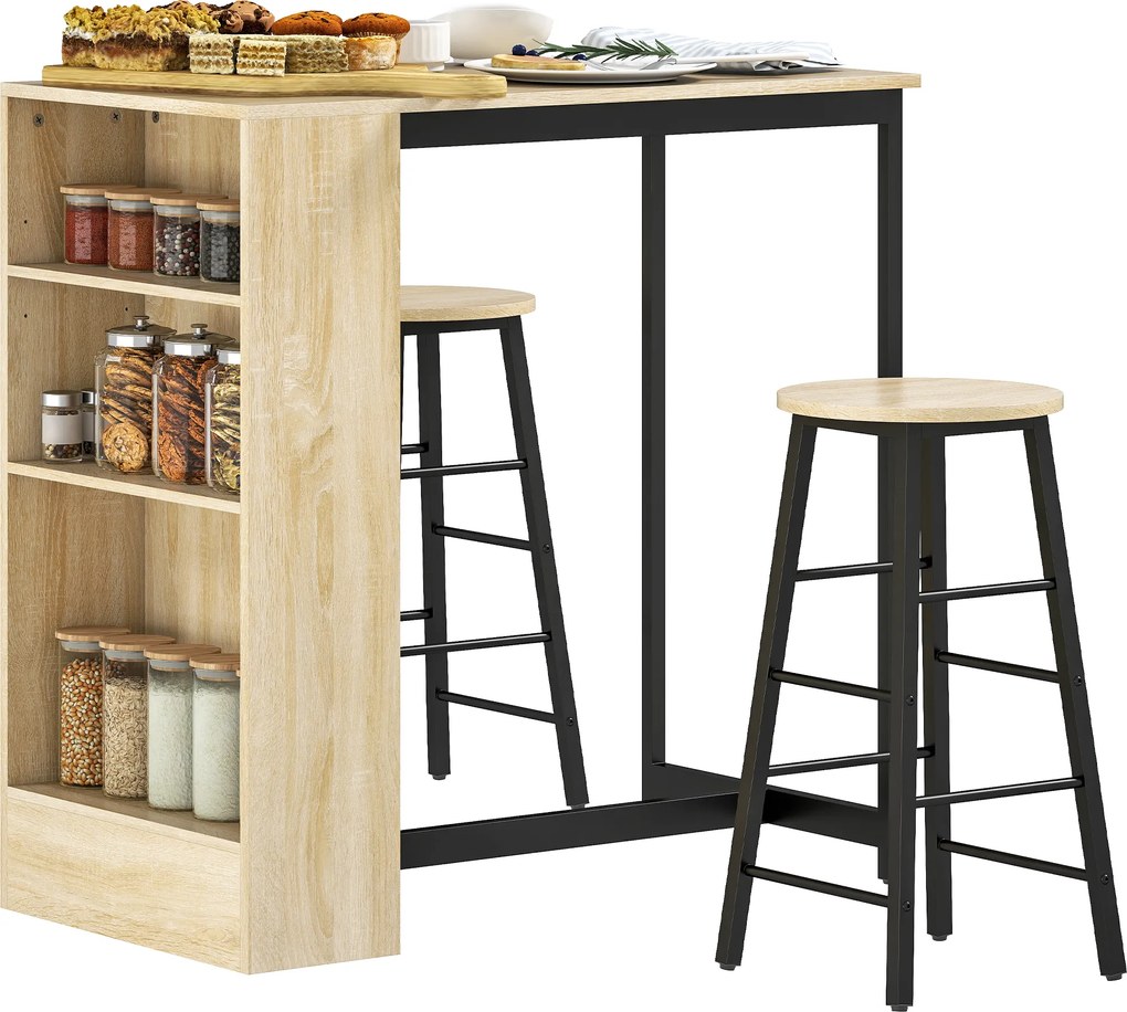 Conjunto de mesa de bar com bancos, compartimentos abertos, prateleira ajustável e apoio para os pés, em carvalho e preto