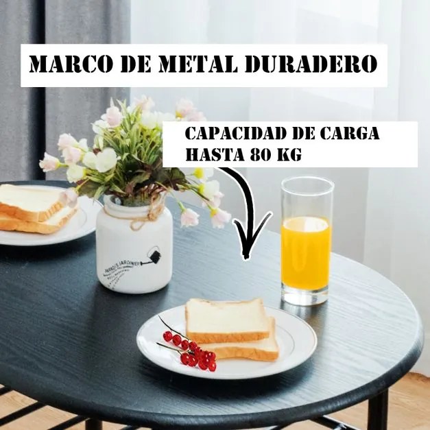 Conjunto de jantar Mesa de jantar em madeira e metal e 2 cadeiras de jantar com Estante para vinho para cozinha Preto