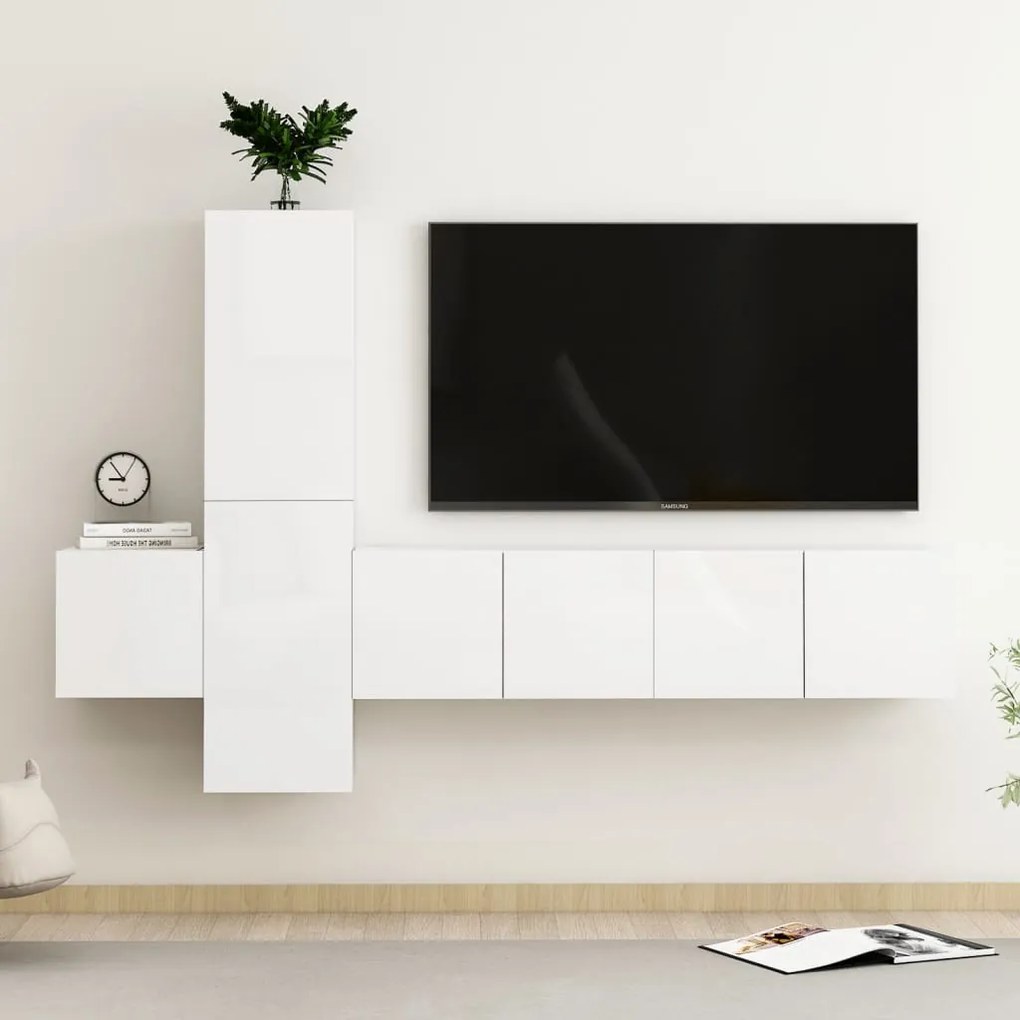 vidaXL 5 pcs conjunto de móveis de TV contraplacado branco brilhante
