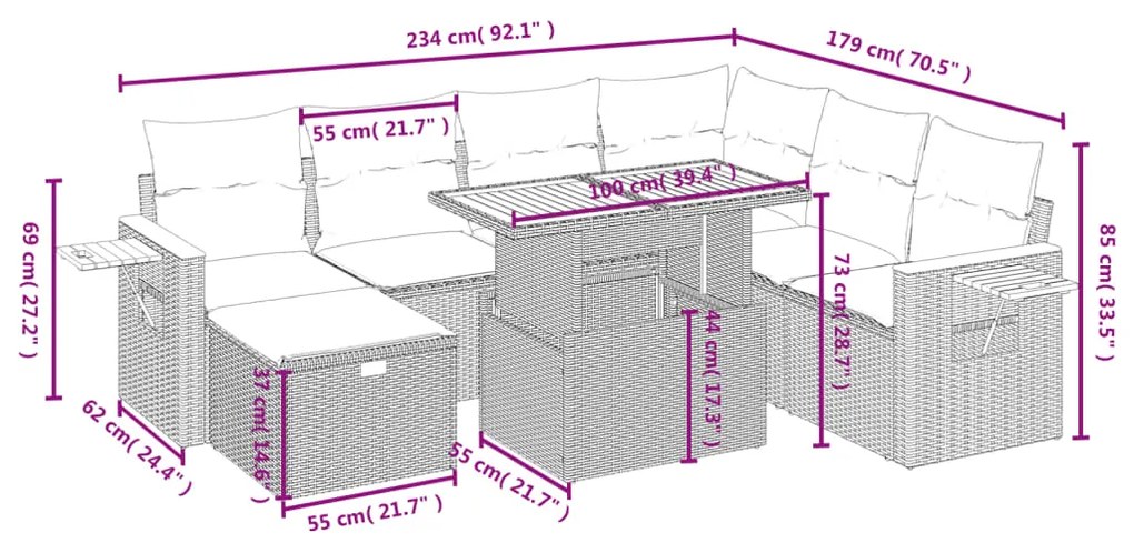8 pcs conjunto sofás de jardim com almofadões vime PE preto