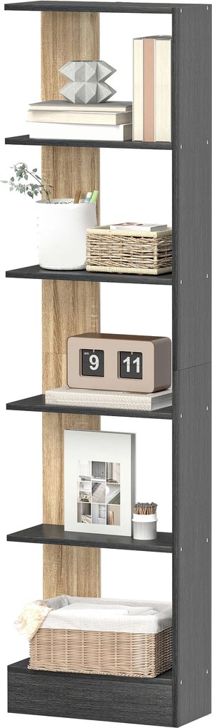 Estante de arrumação com 5 compartimentos abertos, 45 x 21 x 170 cm, preta e em cor carvalho