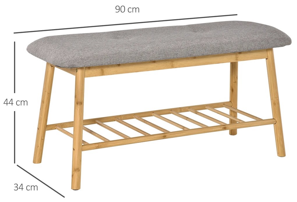 HOMCOM Banco Sapateiro Moderno Móvel de Entrada de Bambú com Assento Acolchoado e Prateleira para Sapatos Entrada Corredor 90x34x44cm Cor Natural e Cinza
