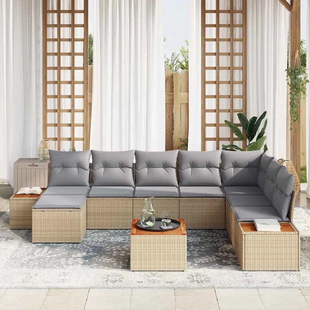 Conjunto de Sofás de Jardim de 9 Peças com Almofadas, Rattan Poly Bege