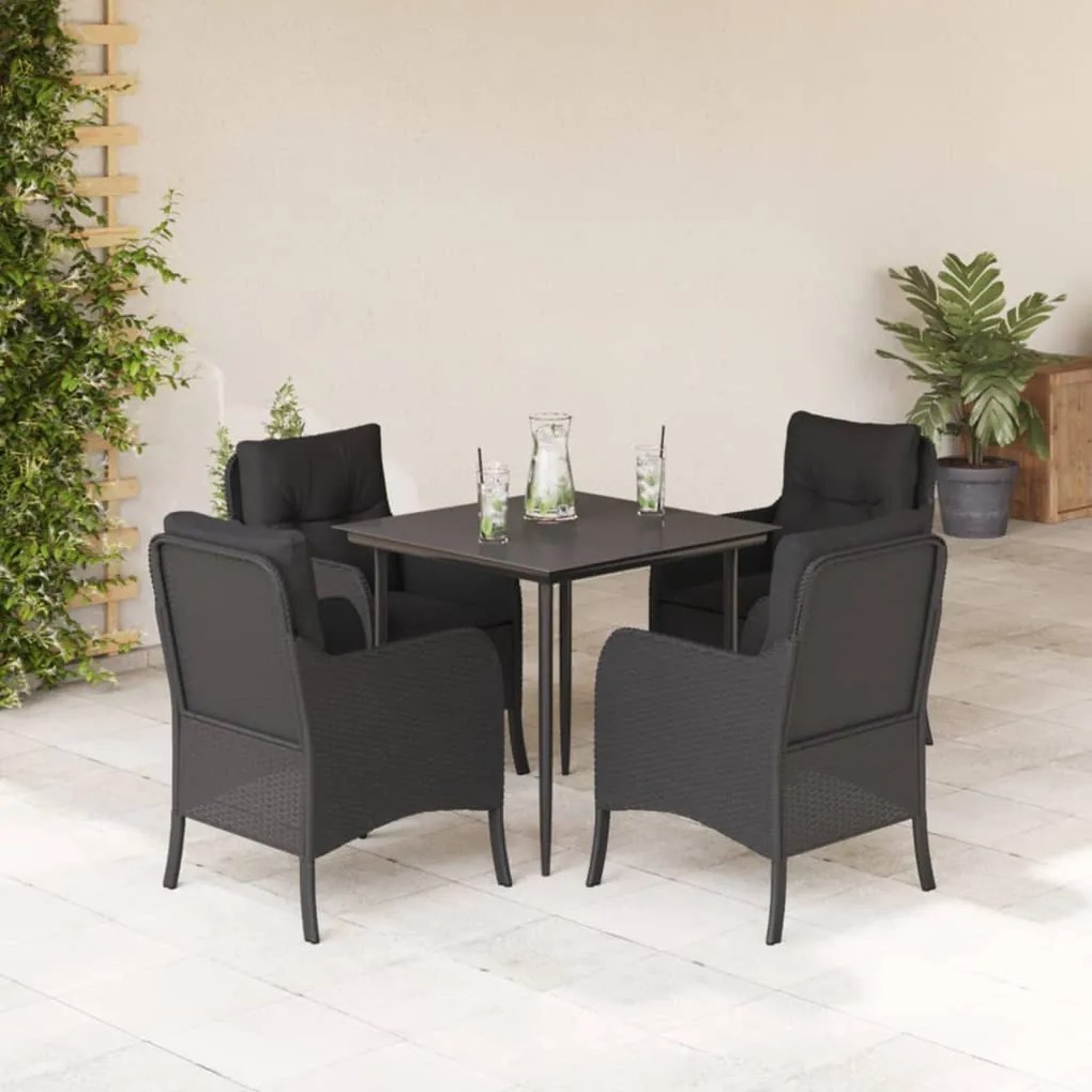 5 pcs conjunto de jantar p/ jardim c/ almofadões vime PE preto