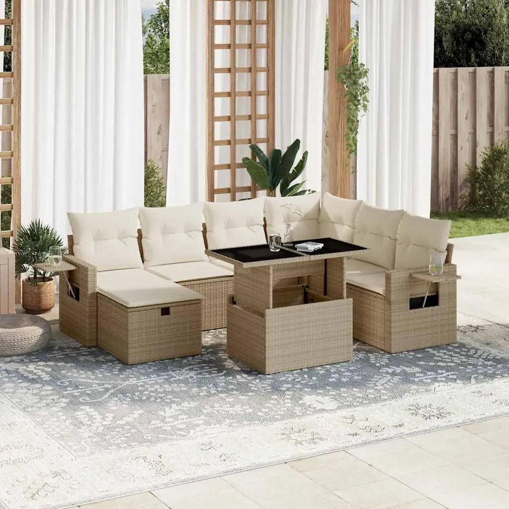 8 pcs conjunto de sofás p/ jardim com almofadões vime PE bege