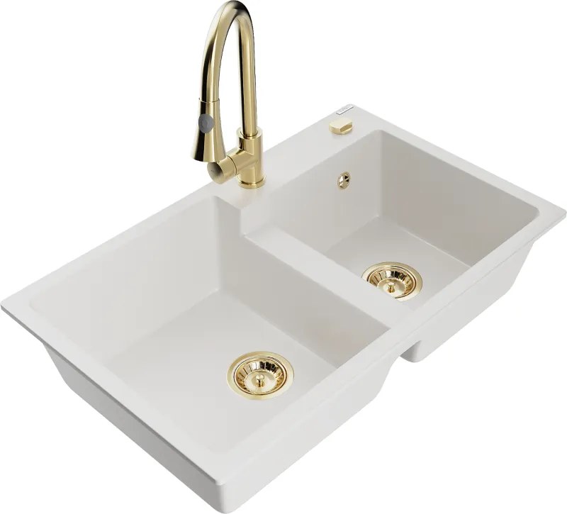Mexen Tomas lava-loiça de granito de 2 cubas com torneira de cozinha Elia, branco - 6516-20-670101-50