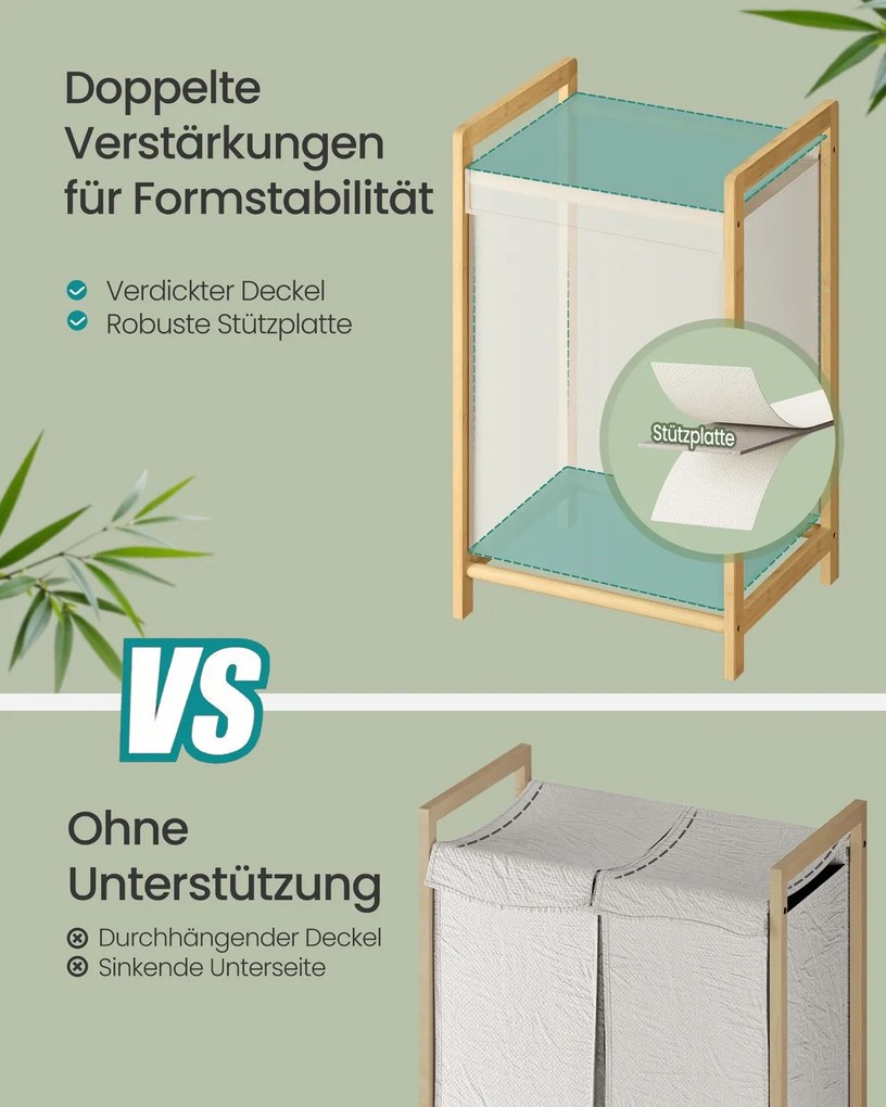 Cesto para roupa suja 100L, 45 x 40 x 78 cm com estrutura em bambu e dois compartimentos creme