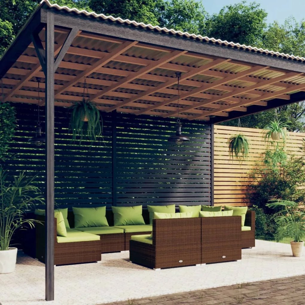 vidaXL 9 pcs conjunto lounge de jardim c/ almofadões vime PE castanho