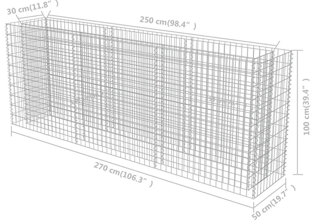 Canteiro elevado/cesto gabião 270x50x100 cm aço galvanizado