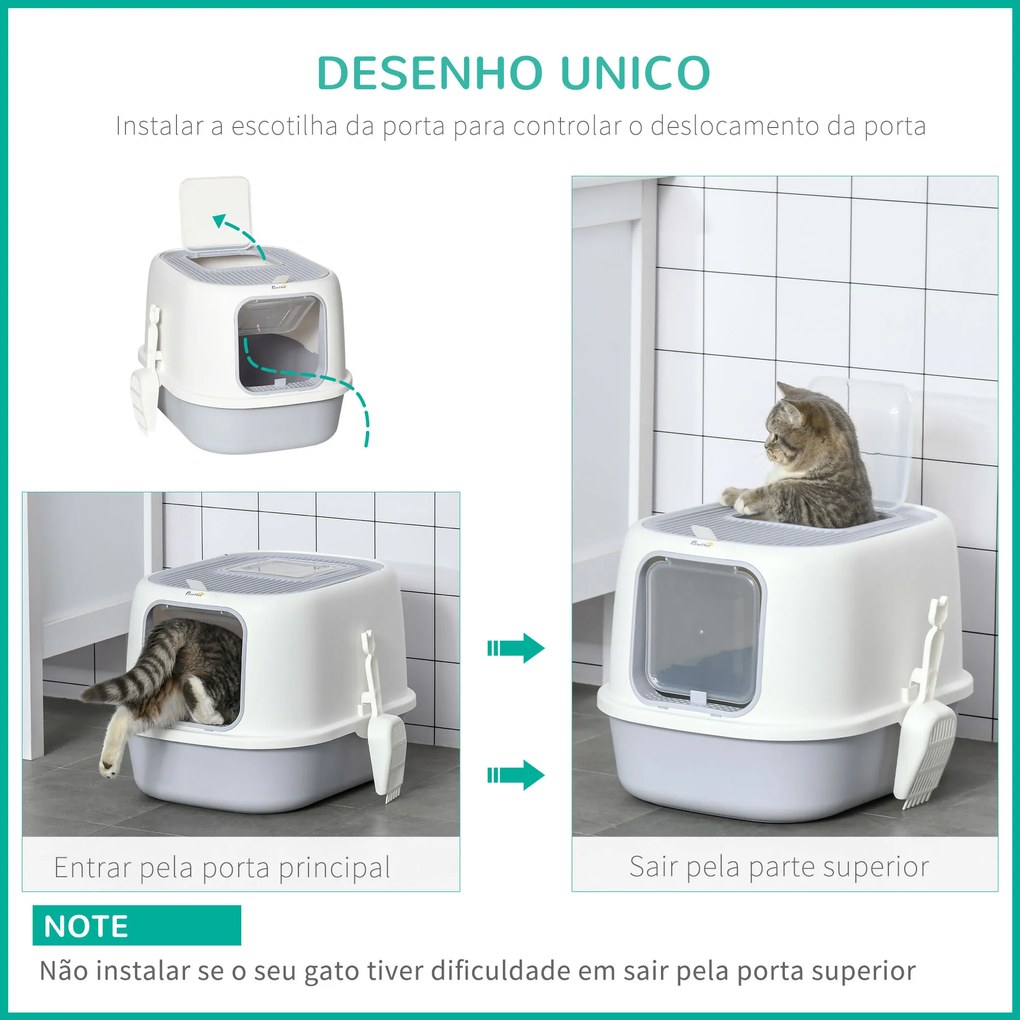 PawHut Caixa de Areia para Gatos Caixa de Areia Fechada com Entrada Dianteira Saída Superior Bandeja Removível e Pá 40x53,5x37,5cm Cinza e Bege
