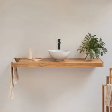 Conjunto De Móvel De Casa De Banho 130x45 Cm Suspenso Em Madeira De Teca Neill Madeira De Teca & Sem Espelho & Preto Mate ↑30 Cm Com Válvula De Drenag
