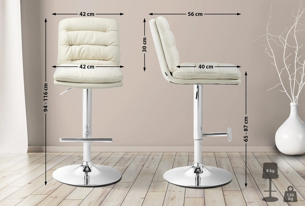 Banco de bar Damar em tecido com estrutura cromada 94-116 x 42 x 56 cm Creme
