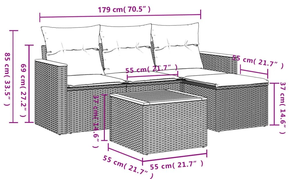 5 pcs conjunto sofás de jardim c/ almofadões vime PE cinzento