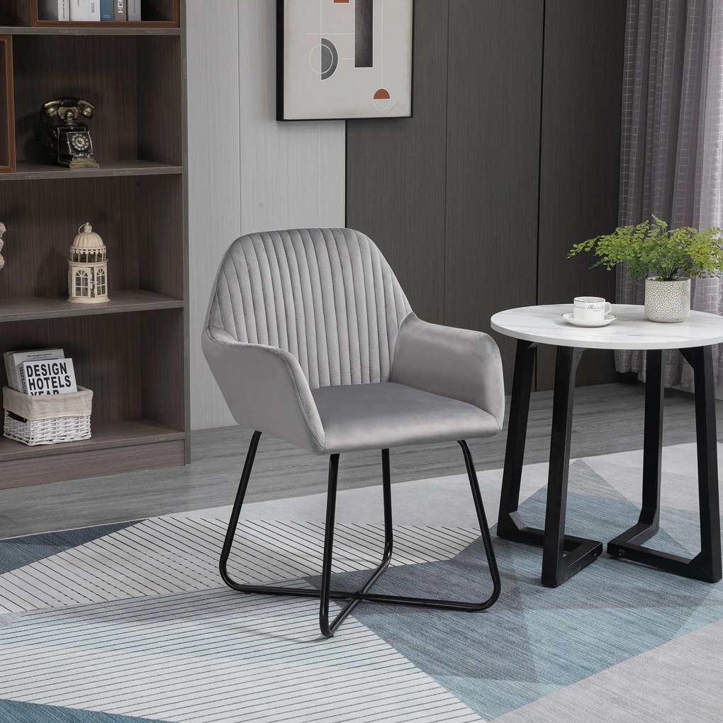 Cadeira de Sala de Jantar Estofada em Veludo com Base Metálica Cruzada Cadeira de Leitura 60x56,5x85 cm Cinza