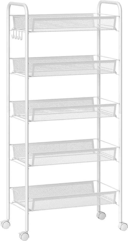 HOMCOM Carrinho Auxiliar com Rodas de 5 Níveis com Cestos de Malha Removíveis e Estrutura de Aço 45x26,5x106 cm Branco | Aosom Portugal