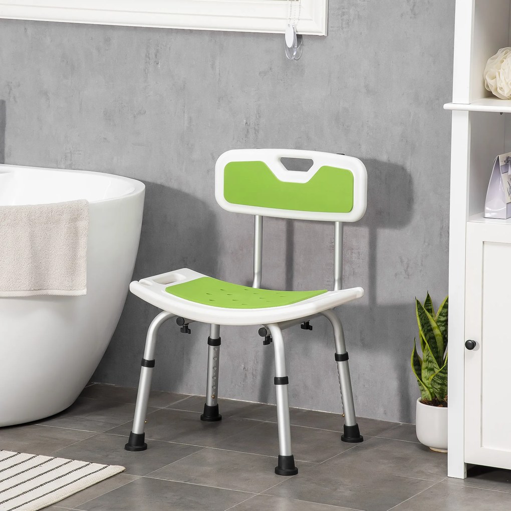 Banco de duche para idosos e pessoas com deficiência, com altura ajustável, pés antiderrapantes e suporte para o chuveiro verde, branco