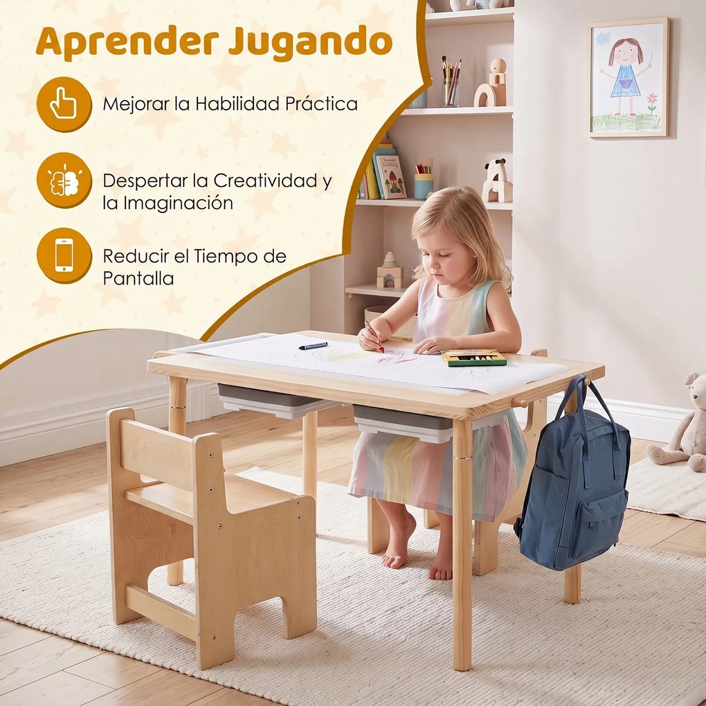 Conjunto de Mesa de Atividades Infantil com 2 Cadeiras, 86 x 55 x 51 cm, Multifuncional 6 em 1, Natural