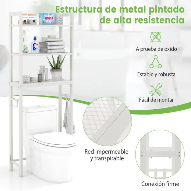 Estante casa de banho sobre a sanita de metal que economiza espaço com 3 ganchos e 3 níveis 63 x 26,5 x 170 cm Branco