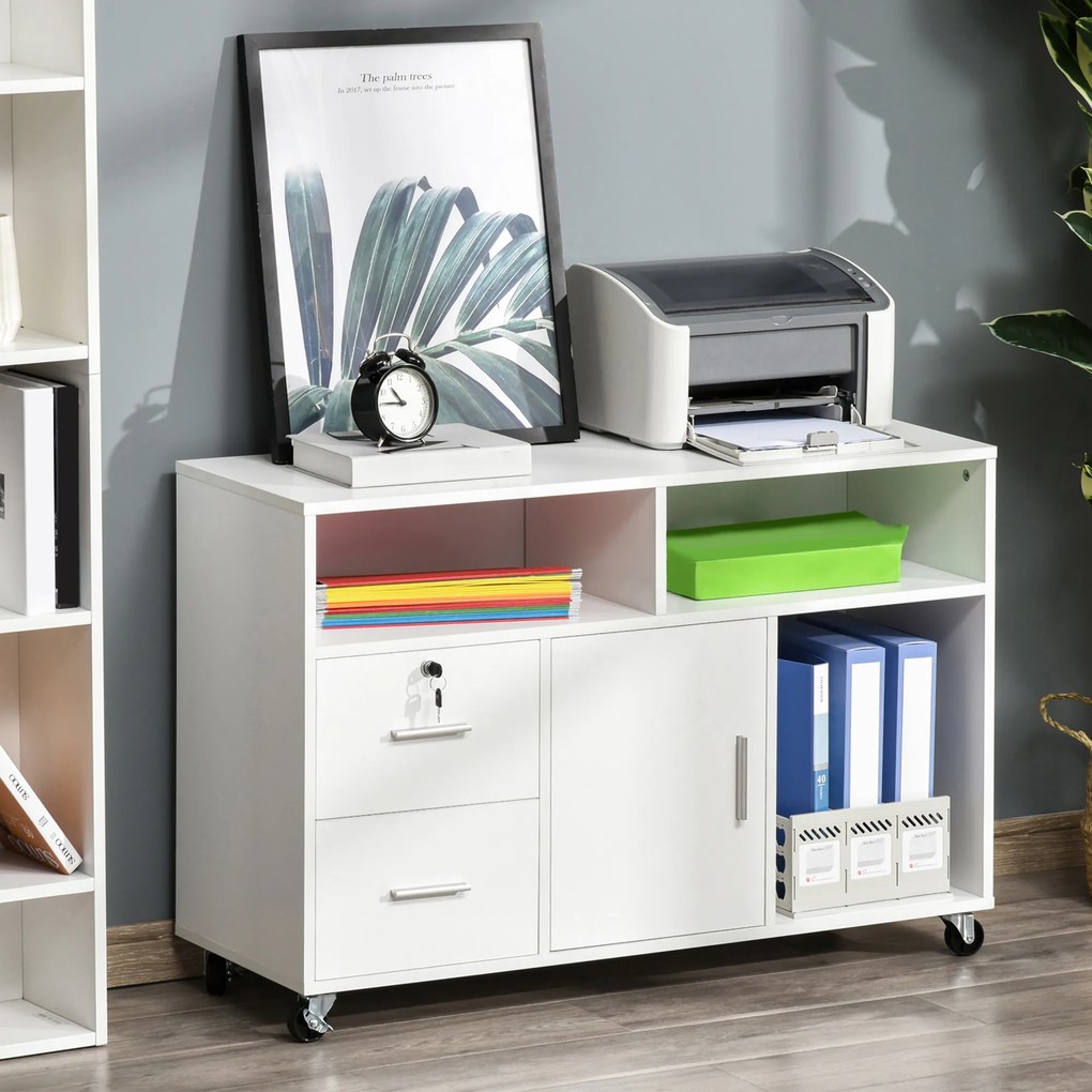 Suporte para impressora com 2 gavetas 100 x 35 x 65 cm, móvel de arrumação com rodas, prateleiras abertas e armário, branco